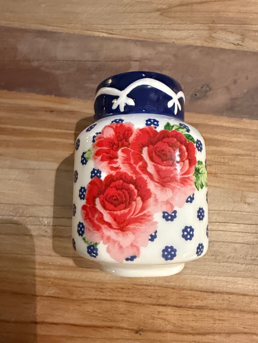 Vintage Floral Ceramic Salt or Pepper Jar - Red Roses on White.